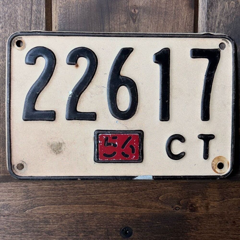 Original 1956 CT Connecticut metal license plate red tab 22617 black/white tag